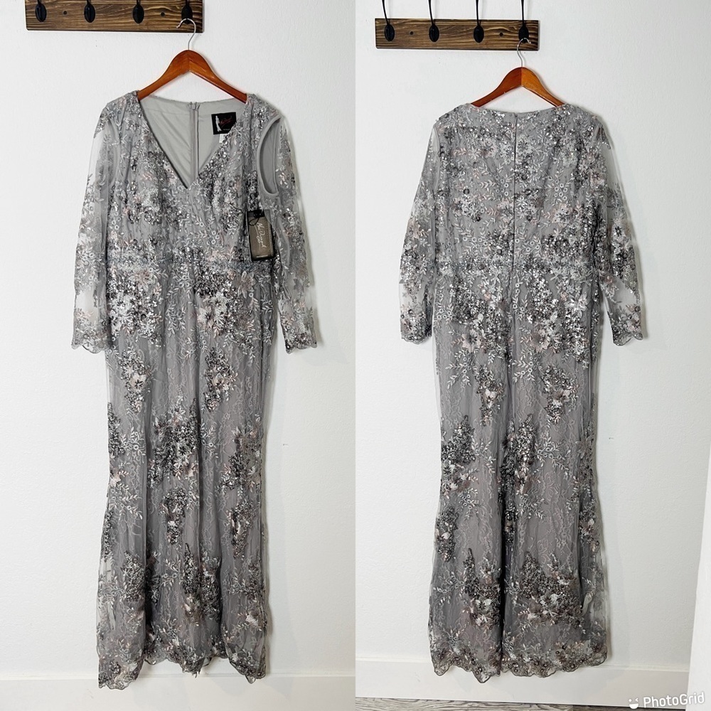Mac Duggal Embellished V Neck Illusion Long Sleeve Gown - Picture 2 of 10